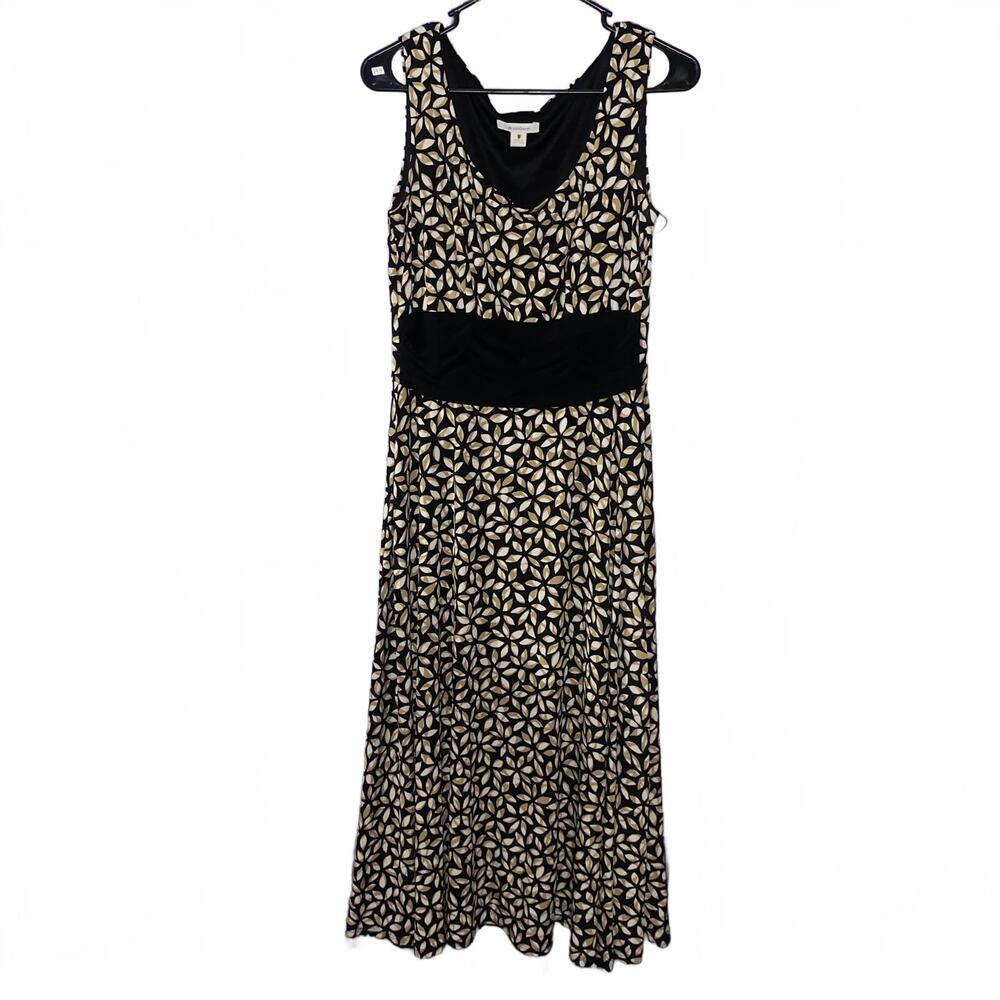 Vintage black tan floral sleeveless maxi dress womens size 10 v neck waist